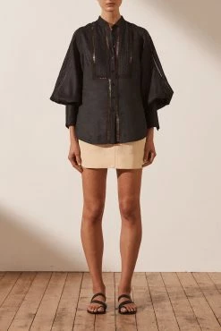 Shona Joy ARIELLA LINEN PIN TUCK TUXEDO SHIRT - BLACK 12 Shona Joy ARIELLA LINEN PIN TUCK TUXEDO SHIRT - BLACK