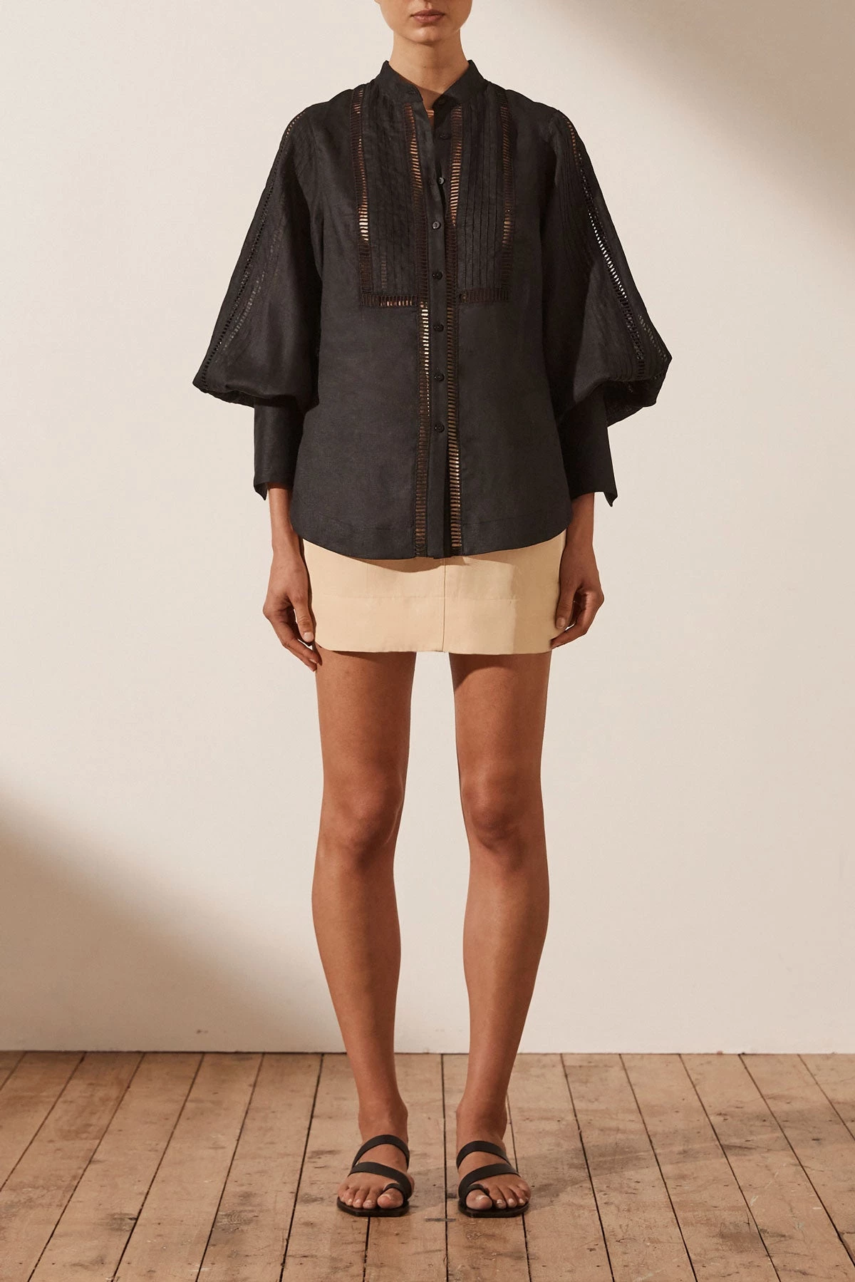 Shona Joy ARIELLA LINEN PIN TUCK TUXEDO SHIRT - BLACK 6 Shona Joy ARIELLA LINEN PIN TUCK TUXEDO SHIRT - BLACK