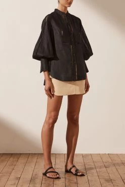 Shona Joy ARIELLA LINEN PIN TUCK TUXEDO SHIRT - BLACK 13 Shona Joy ARIELLA LINEN PIN TUCK TUXEDO SHIRT - BLACK