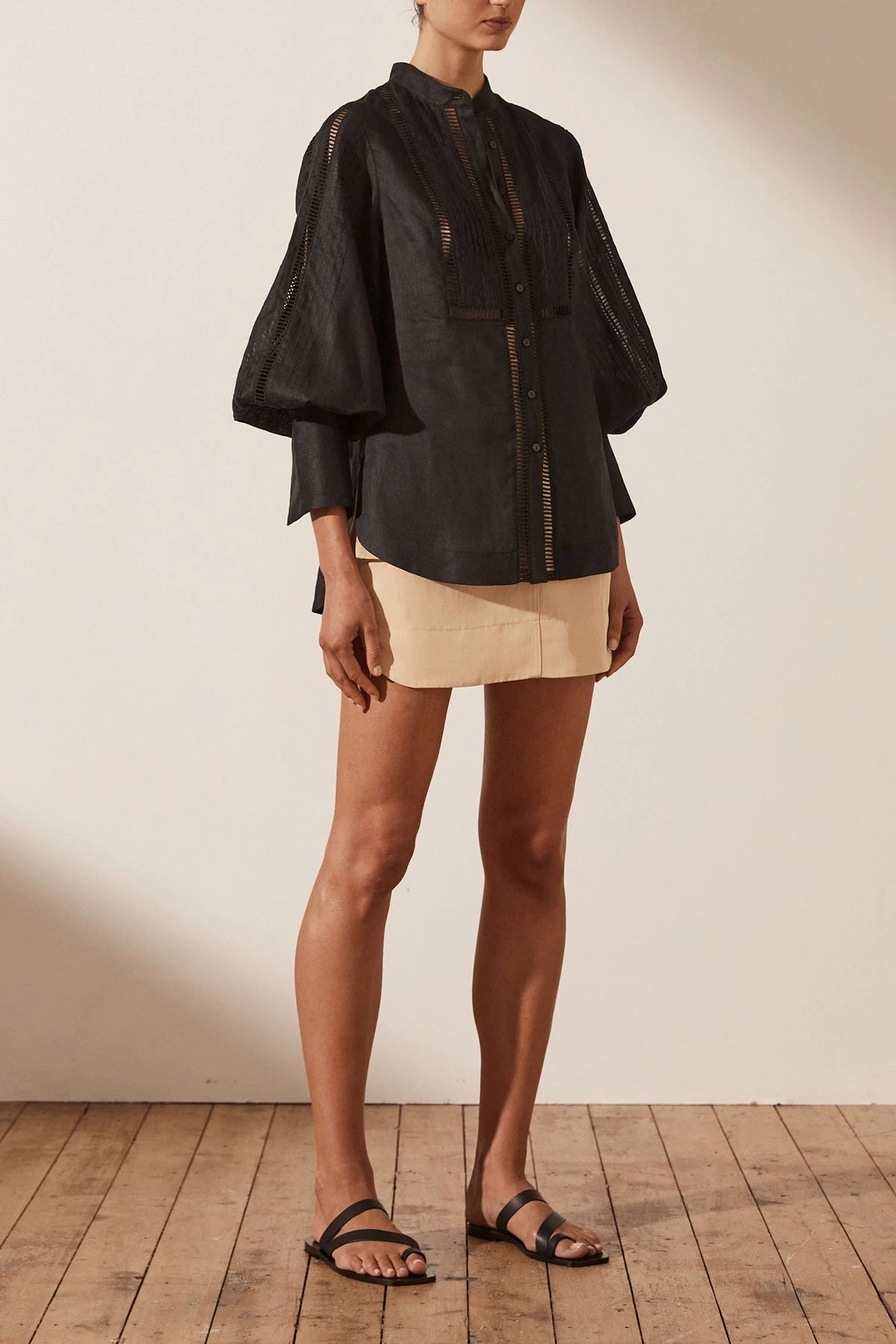 Shona Joy ARIELLA LINEN PIN TUCK TUXEDO SHIRT - BLACK 7 Shona Joy ARIELLA LINEN PIN TUCK TUXEDO SHIRT - BLACK