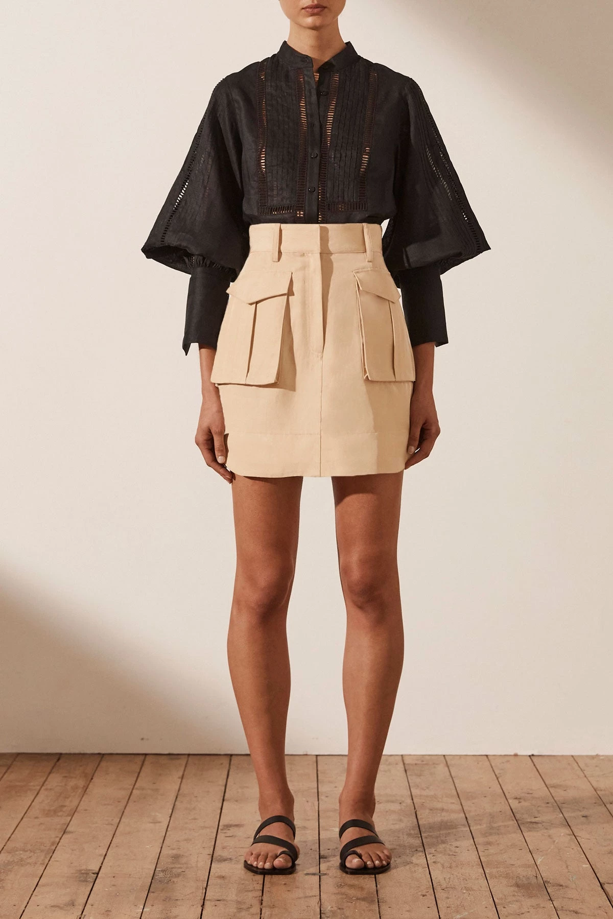 Shona Joy ARIELLA LINEN PIN TUCK TUXEDO SHIRT - BLACK 2 Shona Joy ARIELLA LINEN PIN TUCK TUXEDO SHIRT - BLACK