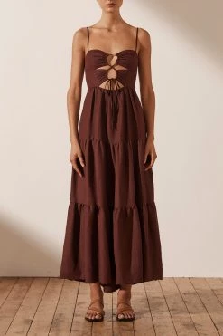 Shona Joy RUBI LINEN LACE UP BACKLESS MIDI DRESS - COCOA DRESSES