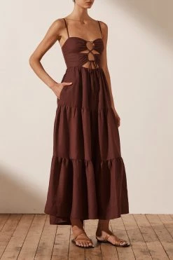 Shona Joy RUBI LINEN LACE UP BACKLESS MIDI DRESS - COCOA DRESSES