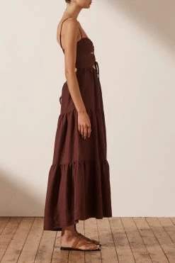 Shona Joy RUBI LINEN LACE UP BACKLESS MIDI DRESS - COCOA DRESSES