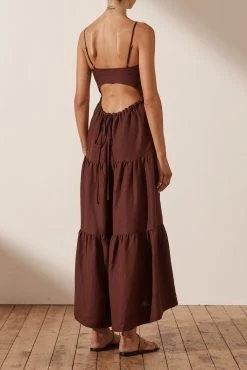 Shona Joy RUBI LINEN LACE UP BACKLESS MIDI DRESS - COCOA DRESSES