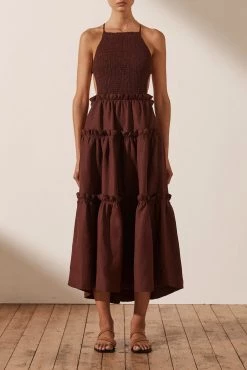Shona Joy RUBI LINEN SHIRRED BACKLESS MIDI DRESS - COCOA DRESSES 7 Shona Joy RUBI LINEN SHIRRED BACKLESS MIDI DRESS - COCOA DRESSES