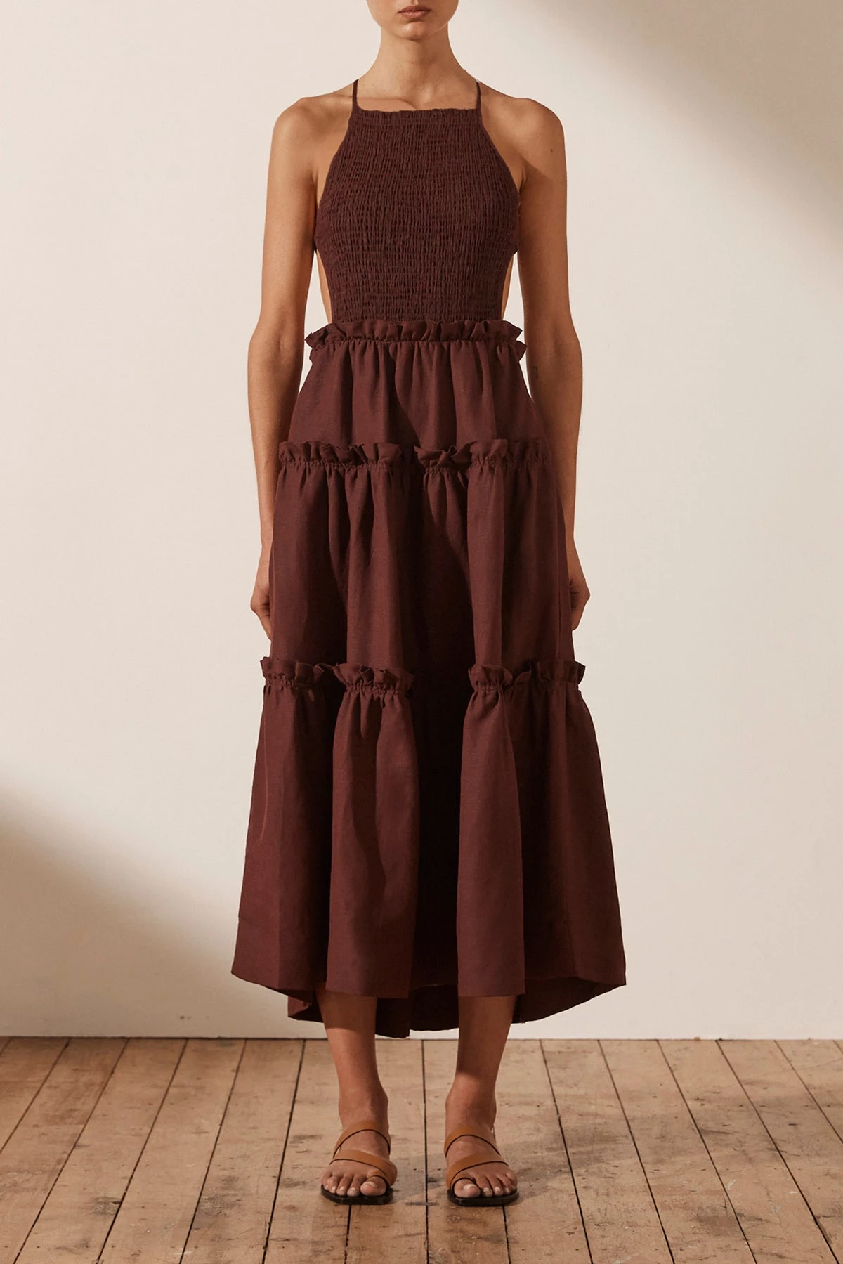 Shona Joy RUBI LINEN SHIRRED BACKLESS MIDI DRESS - COCOA DRESSES 3 Shona Joy RUBI LINEN SHIRRED BACKLESS MIDI DRESS - COCOA DRESSES
