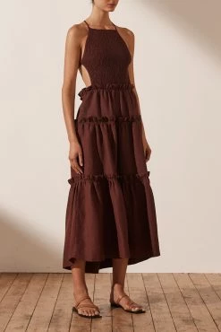 Shona Joy RUBI LINEN SHIRRED BACKLESS MIDI DRESS - COCOA DRESSES 8 Shona Joy RUBI LINEN SHIRRED BACKLESS MIDI DRESS - COCOA DRESSES