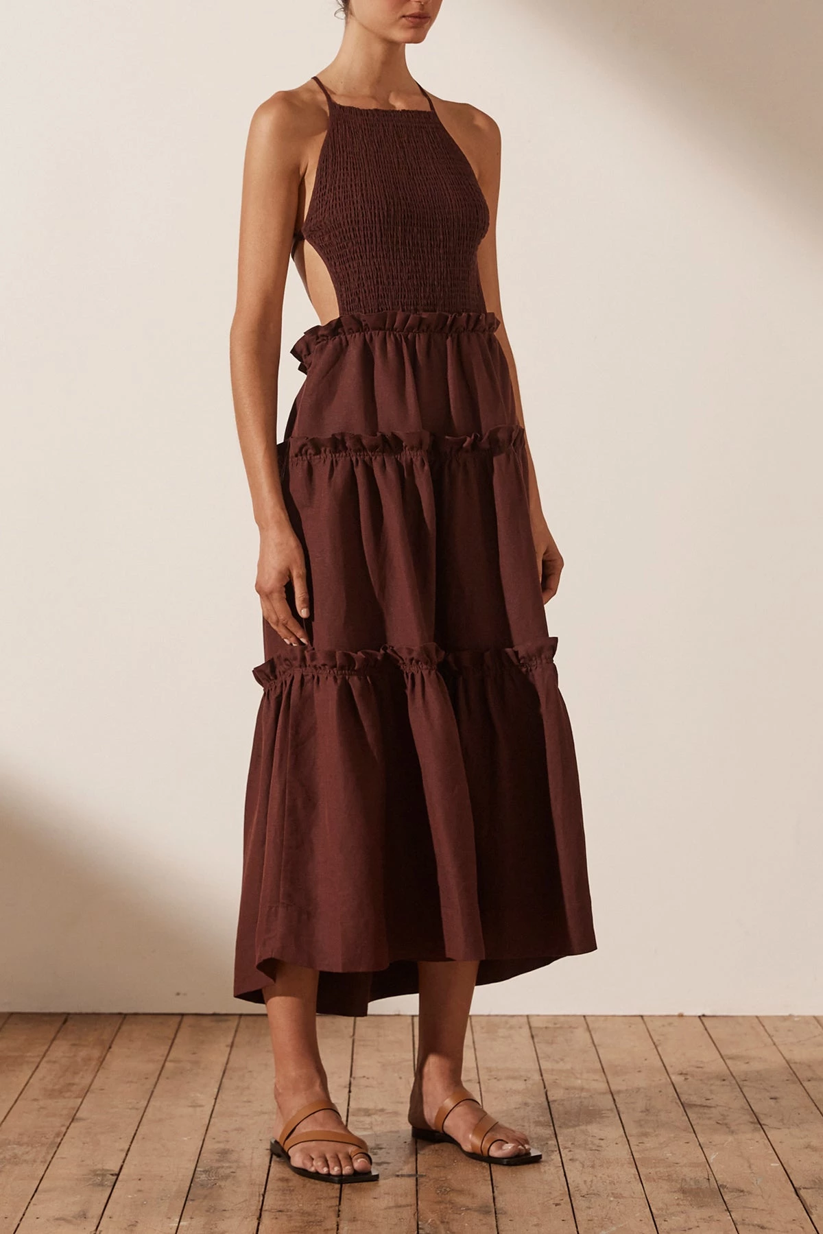Shona Joy RUBI LINEN SHIRRED BACKLESS MIDI DRESS - COCOA DRESSES 4 Shona Joy RUBI LINEN SHIRRED BACKLESS MIDI DRESS - COCOA DRESSES