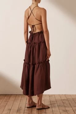 Shona Joy RUBI LINEN SHIRRED BACKLESS MIDI DRESS - COCOA DRESSES