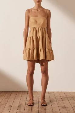 Shona Joy DRESSES ARIA LINEN LOW BACK TIERED MINI DRESS - GINGER