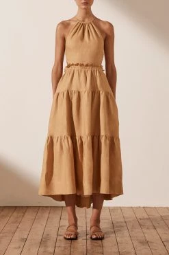 Shona Joy DRESSES ARIA LINEN BACKLESS MIDI DRESS - GINGER