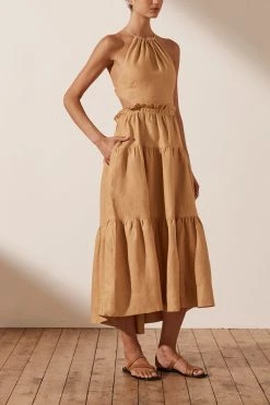 Shona Joy DRESSES ARIA LINEN BACKLESS MIDI DRESS - GINGER