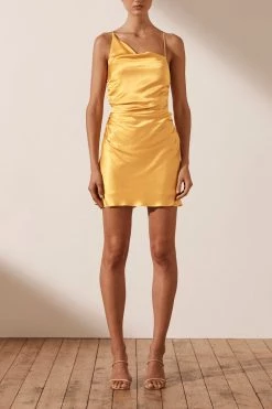 Shona Joy ALMA ASYMMETRICAL BIAS COWL MINI DRESS - SAFFRON DRESSES
