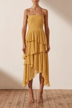 Shona Joy IRIS PIN TUCK FRILL MIDI DRESS - SAFFRON DRESSES