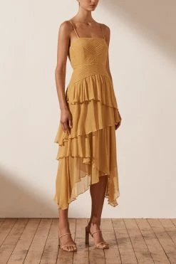 Shona Joy IRIS PIN TUCK FRILL MIDI DRESS - SAFFRON DRESSES