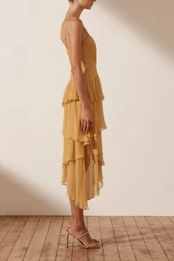 Shona Joy IRIS PIN TUCK FRILL MIDI DRESS - SAFFRON DRESSES
