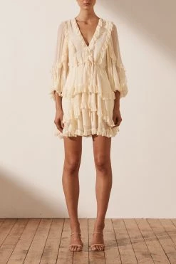 Shona Joy IRIS BALLOON SLEEVE FRILL MINI DRESS - CREAM