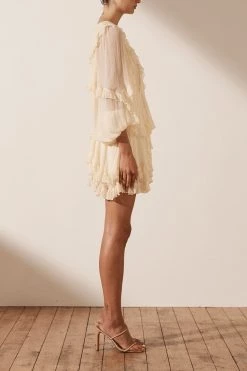 Shona Joy IRIS BALLOON SLEEVE FRILL MINI DRESS - CREAM