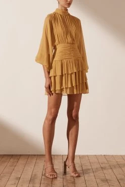Shona Joy IRIS LONG SLEEVE RUCHED MINI DRESS - SAFFRON DRESSES