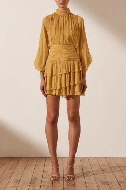 Shona Joy IRIS LONG SLEEVE RUCHED MINI DRESS - SAFFRON DRESSES