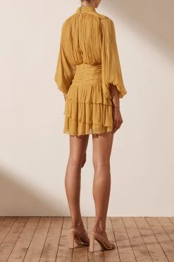 Shona Joy IRIS LONG SLEEVE RUCHED MINI DRESS - SAFFRON DRESSES