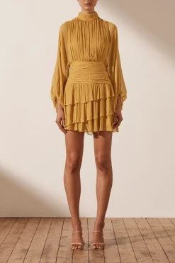 Shona Joy IRIS LONG SLEEVE RUCHED MINI DRESS - SAFFRON DRESSES
