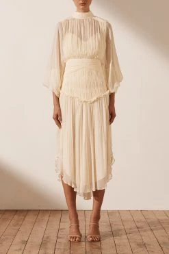 Shona Joy IRIS LONG SLEEVE OPEN BACK MIDI DRESS - CREAM DRESSES