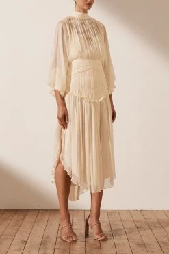 Shona Joy IRIS LONG SLEEVE OPEN BACK MIDI DRESS - CREAM DRESSES