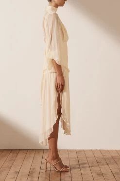 Shona Joy IRIS LONG SLEEVE OPEN BACK MIDI DRESS - CREAM DRESSES
