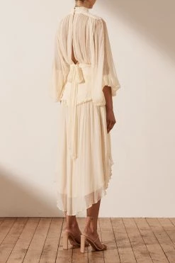 Shona Joy IRIS LONG SLEEVE OPEN BACK MIDI DRESS - CREAM DRESSES