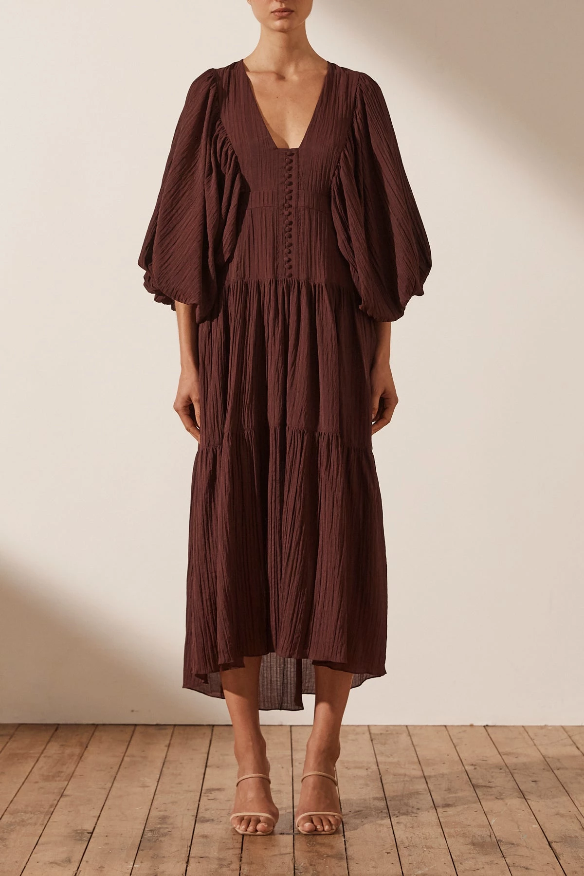 Shona Joy MILA PLUNGED TIERED MIDI DRESS - COCOA DRESSES 2 Shona Joy MILA PLUNGED TIERED MIDI DRESS - COCOA DRESSES