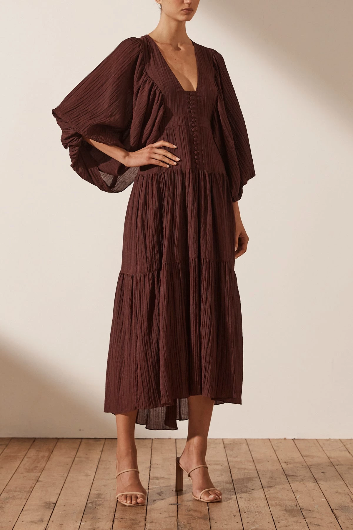 Shona Joy MILA PLUNGED TIERED MIDI DRESS - COCOA DRESSES 3 Shona Joy MILA PLUNGED TIERED MIDI DRESS - COCOA DRESSES