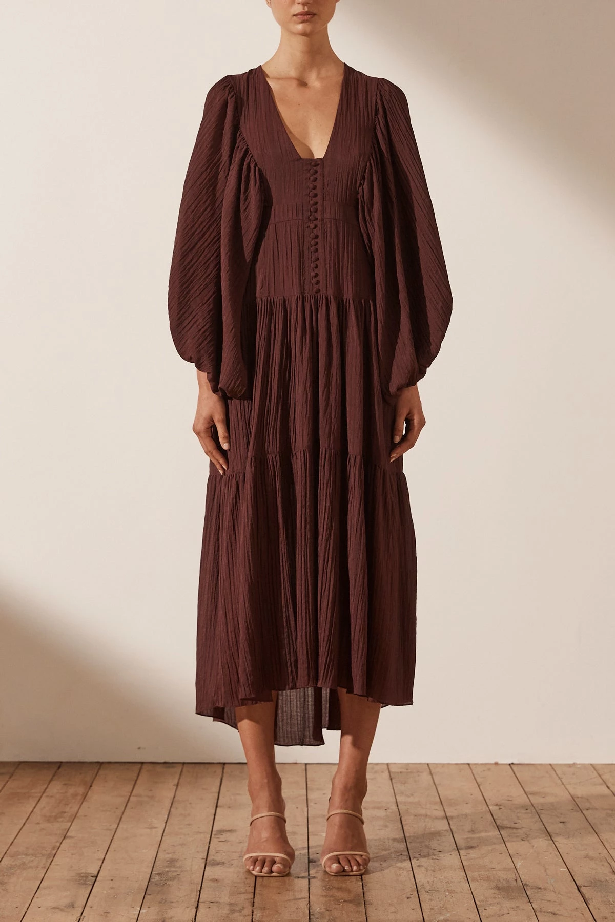 Shona Joy MILA PLUNGED TIERED MIDI DRESS - COCOA DRESSES 6 Shona Joy MILA PLUNGED TIERED MIDI DRESS - COCOA DRESSES