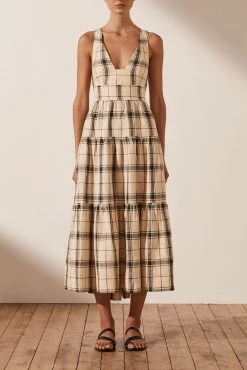 Shona Joy INDRA LINEN PLUNGED CROSS BACK MIDI DRESS