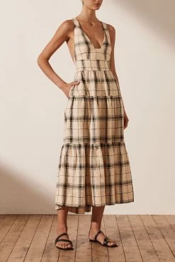 Shona Joy INDRA LINEN PLUNGED CROSS BACK MIDI DRESS