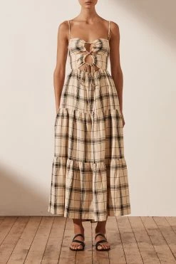 Shona Joy INDRA LINEN LACE UP BACKLESS MIDI DRESS DRESSES