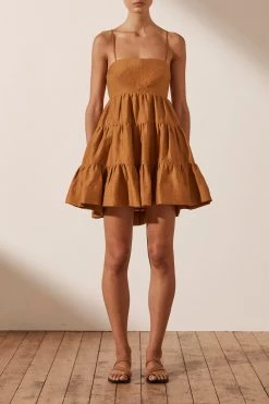 Shona Joy DRESSES MAYA LINEN PIN TUCK OPEN BACK TIERED MINI DRESS - TURMERIC 7 Shona Joy DRESSES MAYA LINEN PIN TUCK OPEN BACK TIERED MINI DRESS - TURMERIC