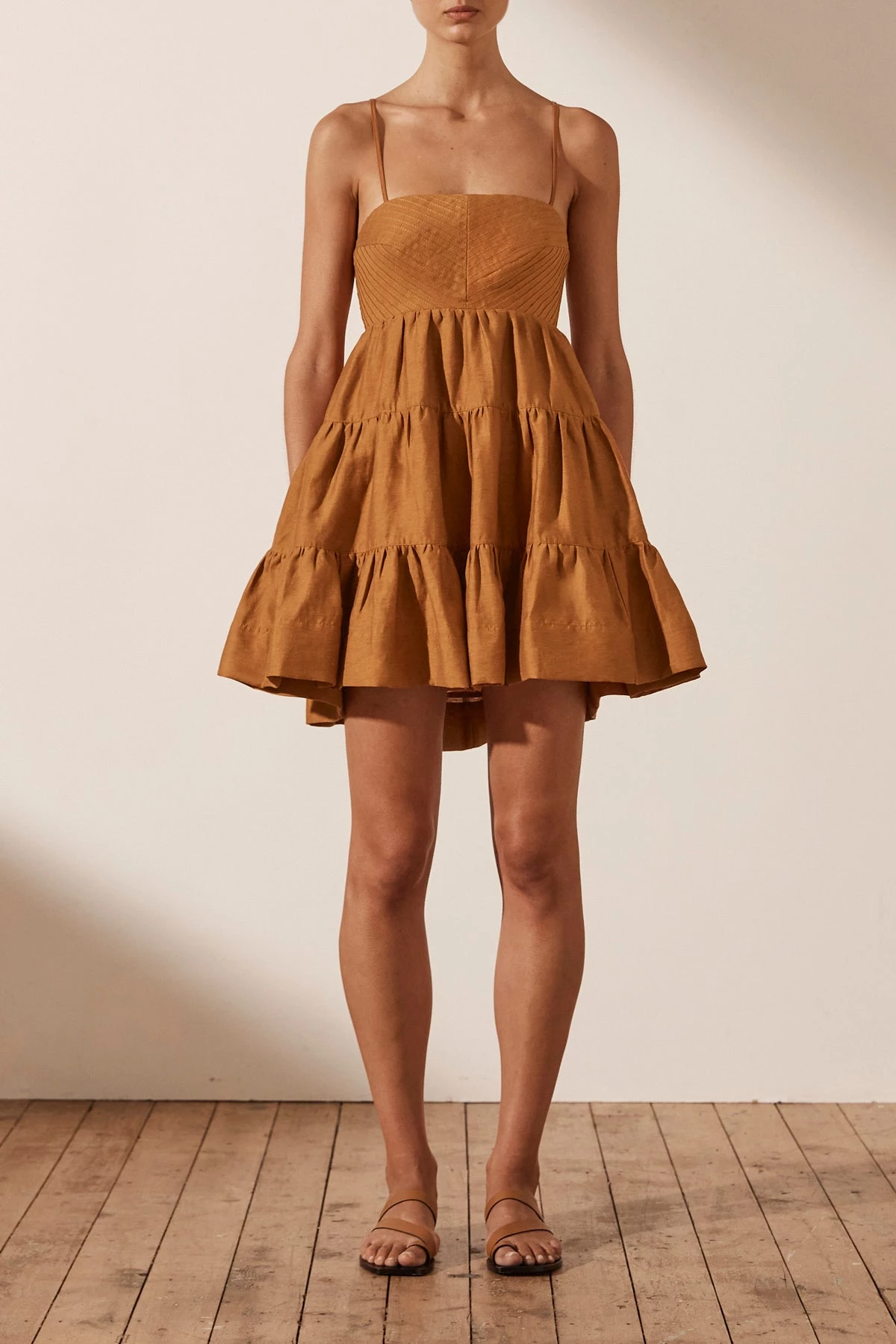 Shona Joy DRESSES MAYA LINEN PIN TUCK OPEN BACK TIERED MINI DRESS - TURMERIC 3 Shona Joy DRESSES MAYA LINEN PIN TUCK OPEN BACK TIERED MINI DRESS - TURMERIC