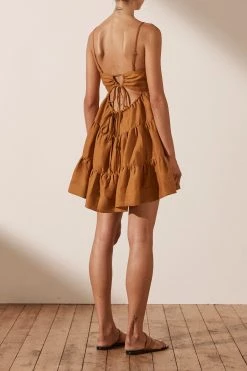 Shona Joy DRESSES MAYA LINEN PIN TUCK OPEN BACK TIERED MINI DRESS - TURMERIC