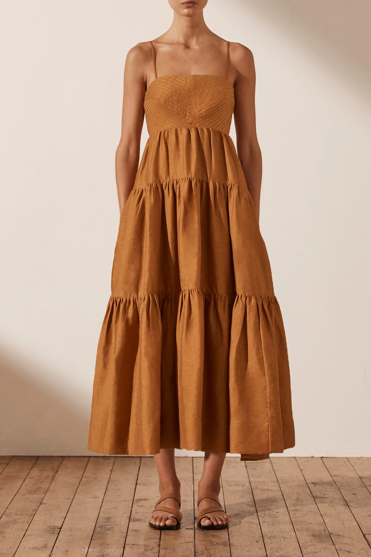 Shona Joy MAYA LINEN PIN TUCK OPEN BACK TIERED MIDI DRESS - TURMERIC 3 Shona Joy MAYA LINEN PIN TUCK OPEN BACK TIERED MIDI DRESS - TURMERIC
