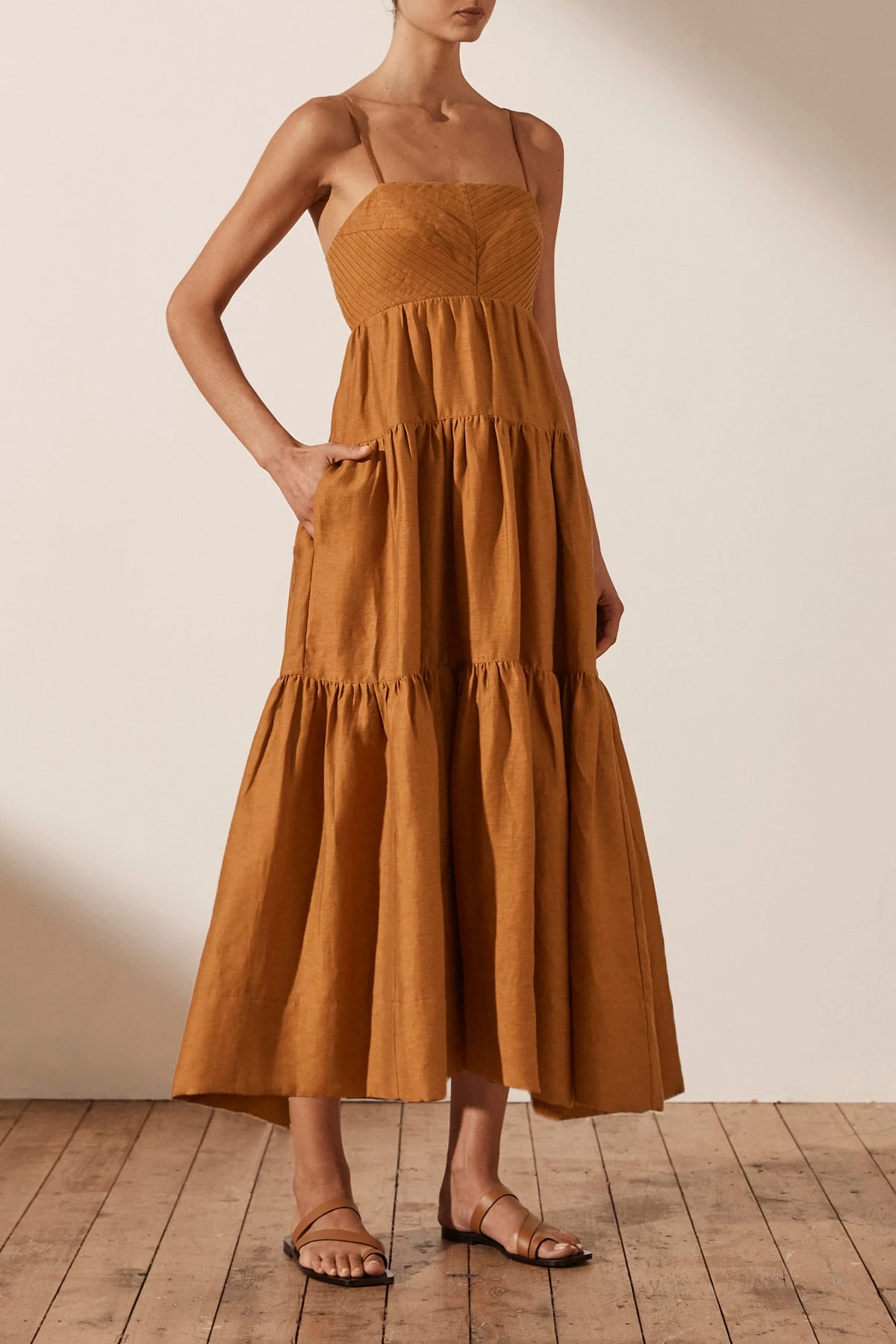 Shona Joy MAYA LINEN PIN TUCK OPEN BACK TIERED MIDI DRESS - TURMERIC 4 Shona Joy MAYA LINEN PIN TUCK OPEN BACK TIERED MIDI DRESS - TURMERIC