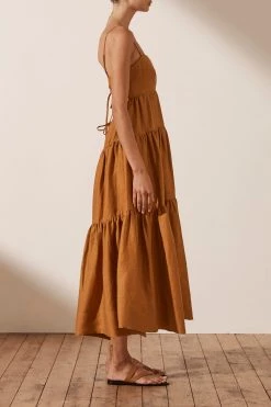 Shona Joy MAYA LINEN PIN TUCK OPEN BACK TIERED MIDI DRESS - TURMERIC 9 Shona Joy MAYA LINEN PIN TUCK OPEN BACK TIERED MIDI DRESS - TURMERIC