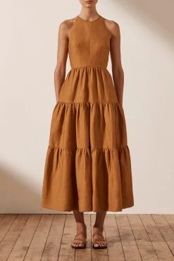 Shona Joy MAYA LINEN BACKLESS HALTER MIDI DRESS - TURMERIC DRESSES