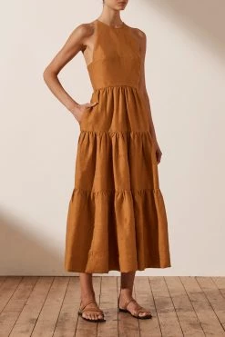 Shona Joy MAYA LINEN BACKLESS HALTER MIDI DRESS - TURMERIC DRESSES