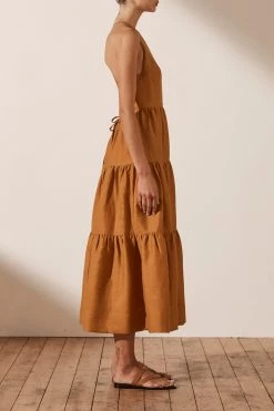 Shona Joy MAYA LINEN BACKLESS HALTER MIDI DRESS - TURMERIC DRESSES