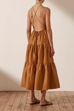 Shona Joy MAYA LINEN BACKLESS HALTER MIDI DRESS - TURMERIC DRESSES