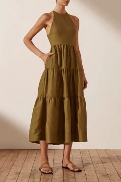 Shona Joy MAYA LINEN OPEN BACK TIERED MIDI DRESS - CUMIN DRESSES