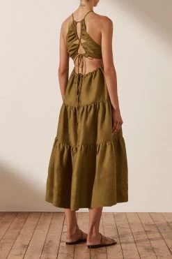 Shona Joy MAYA LINEN OPEN BACK TIERED MIDI DRESS - CUMIN DRESSES