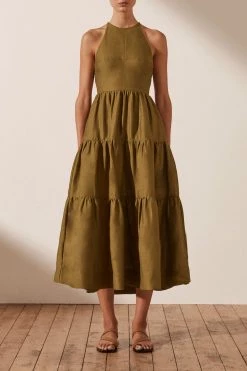 Shona Joy MAYA LINEN OPEN BACK TIERED MIDI DRESS - CUMIN DRESSES